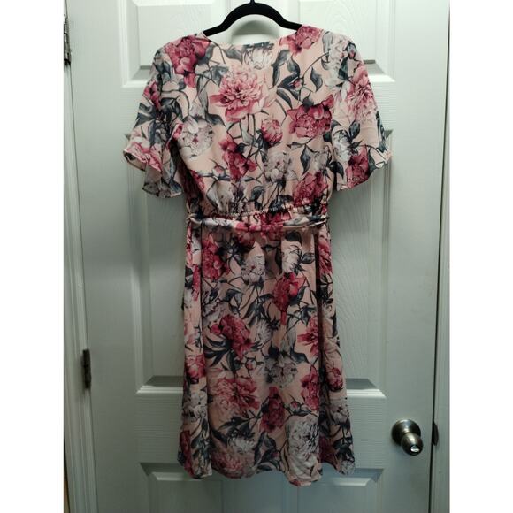 LOFT Outlet Size XS Pink Floral Surplice V-Neck Faux Wrap Flutter Sleeve Dress - Picture 2 of 7